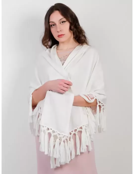 Milky white merino wool maxi stole cape scarf with fringes