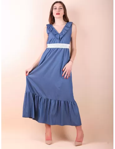 Light blue long gipsy dress with white lace belt