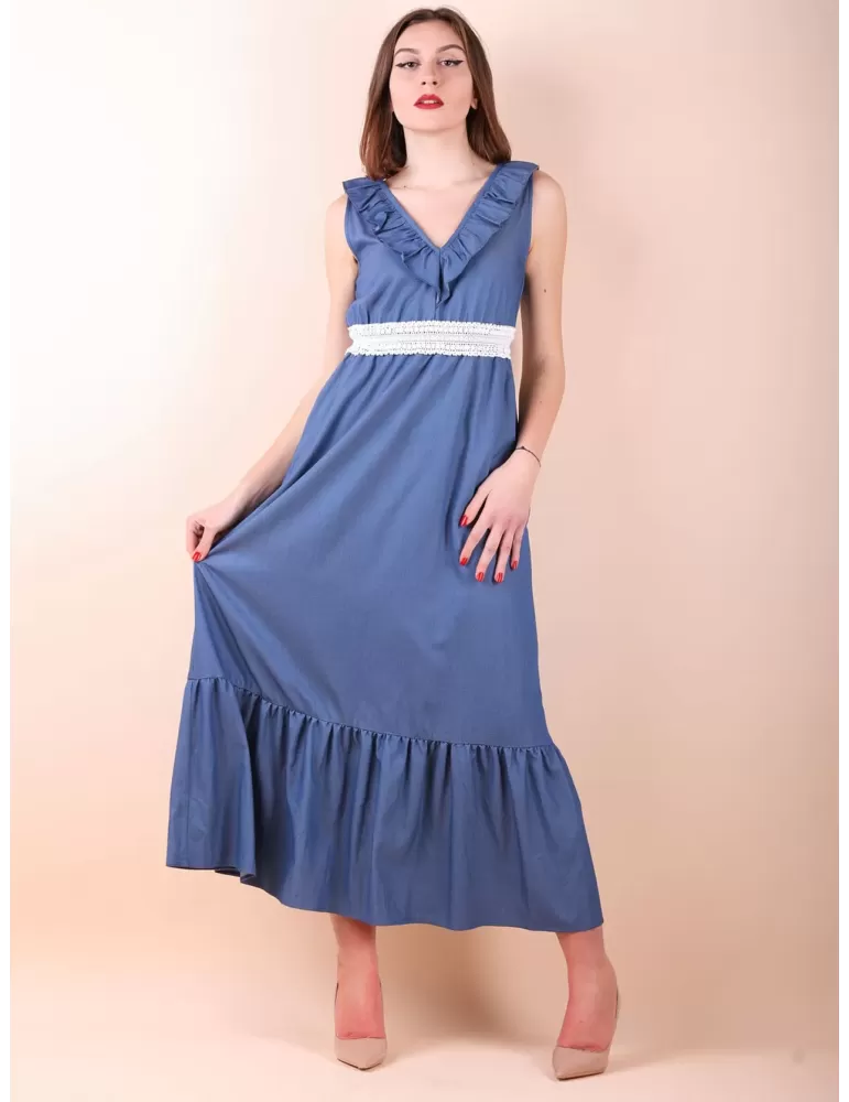 Light blue long gipsy dress with white lace belt plus size available Light blue long gipsy dress with white lace belt plus size available