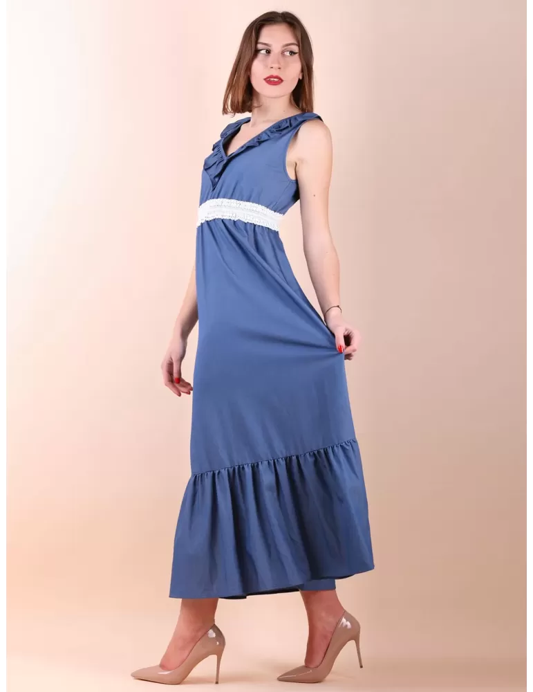 Light blue long gipsy dress with white lace belt plus size available