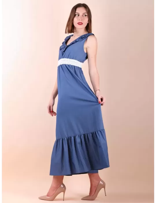 Light blue long gipsy dress with white lace belt