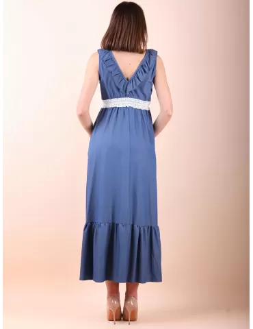 Light blue long gipsy dress with white lace belt 2