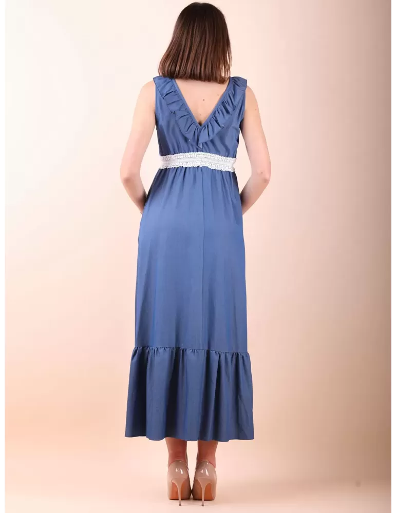 Light blue long gipsy dress with white lace belt