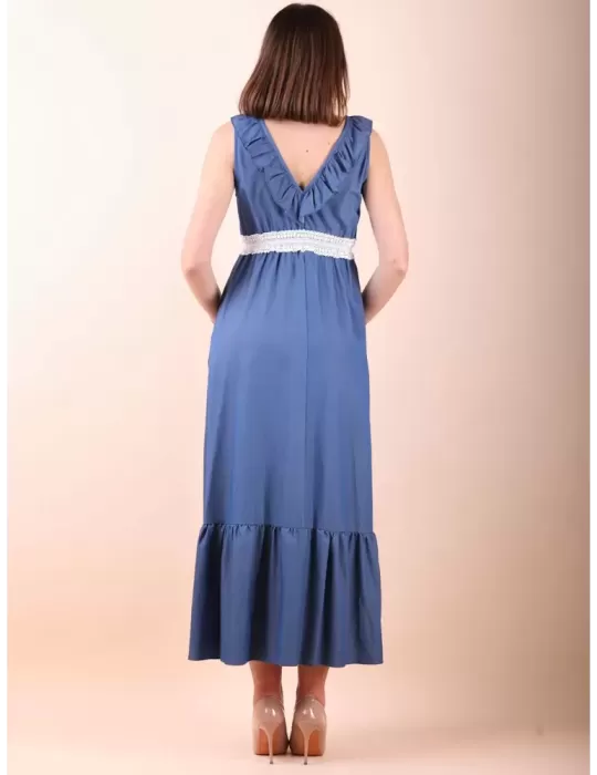 Light blue long gipsy dress with white lace belt