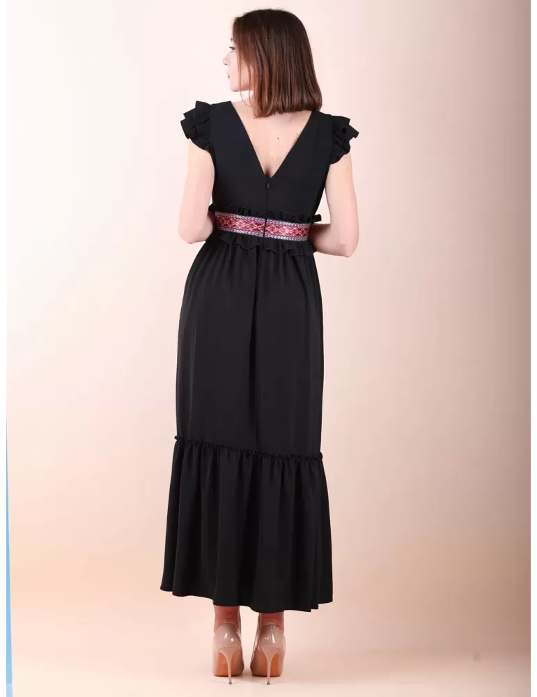 Abito gipsy lungo nero con balze e passamaneria Casting Collection