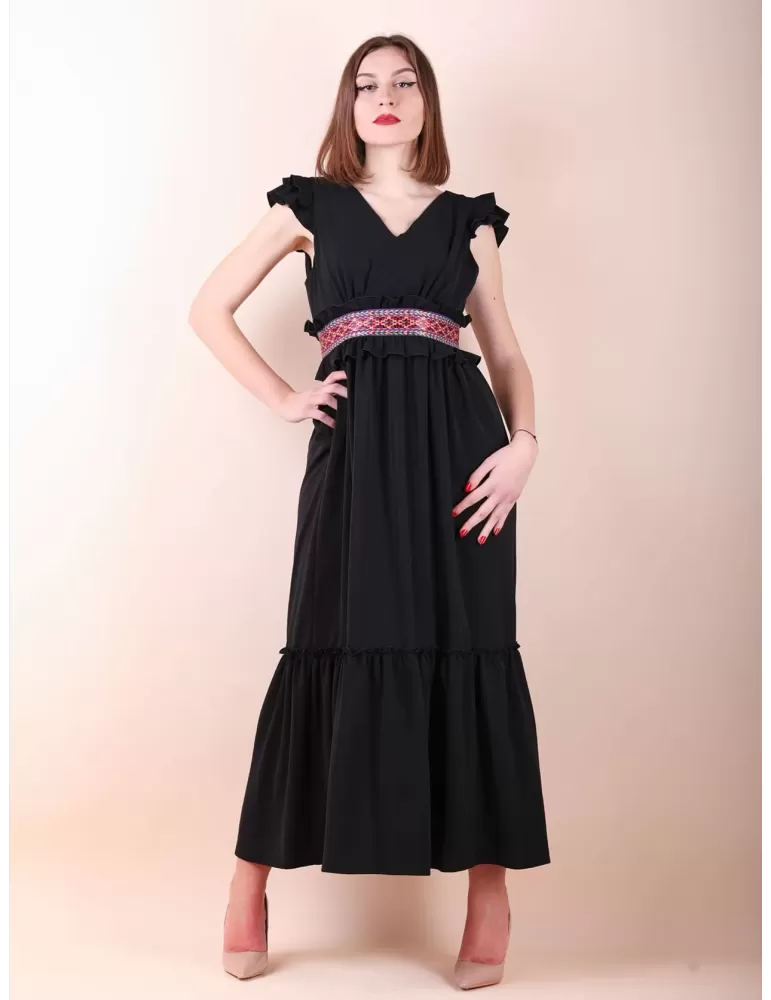 Abito gipsy lungo nero con balze e passamaneria Casting Collection