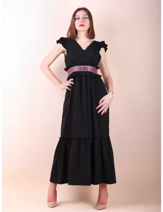 Abito gipsy lungo nero con balze e passamaneria Casting Collection