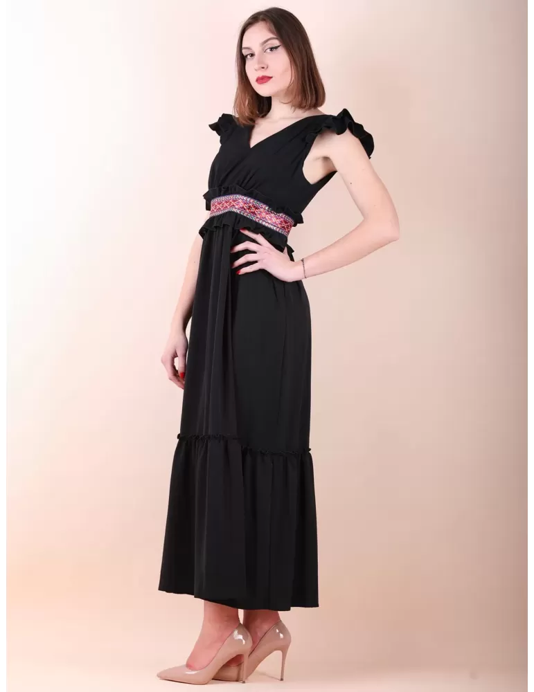 Abito gipsy lungo nero con balze e passamaneria Casting Collection