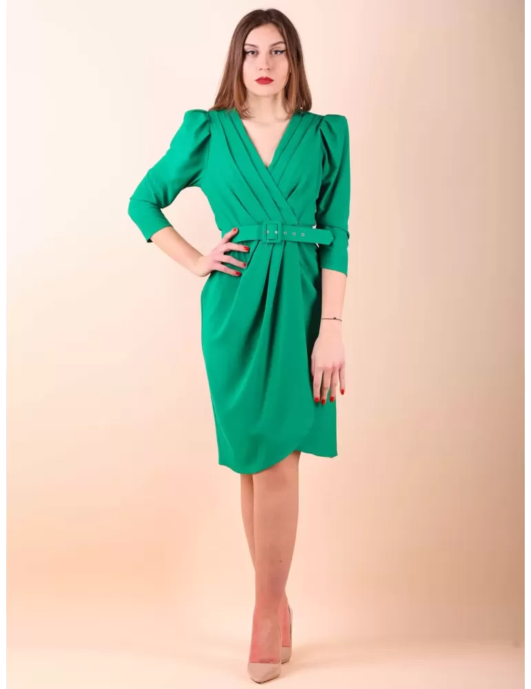 Emerald green double breast draped sheath dress with belt
