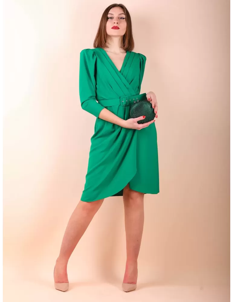 Emerald green double breast draped sheath dress with belt