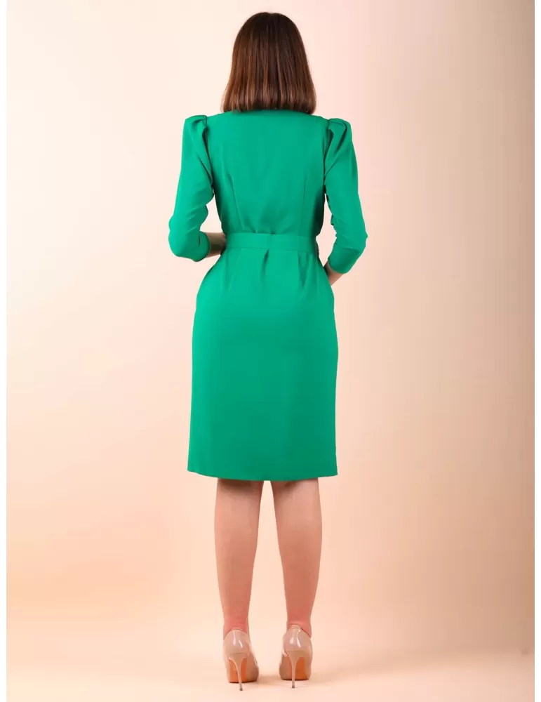 Emerald green double breast draped sheath dress with belt