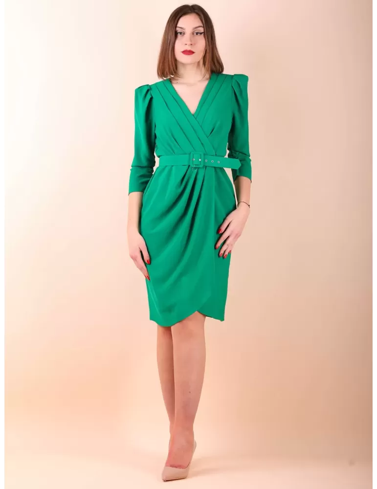 Emerald green double breast draped sheath dress puff sleeves Emerald green double breast draped sheath dress puff sleeves
