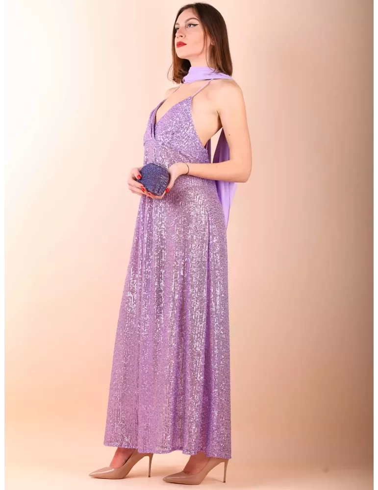 Maesta Milano pull-on low neck long lilac sequin dress