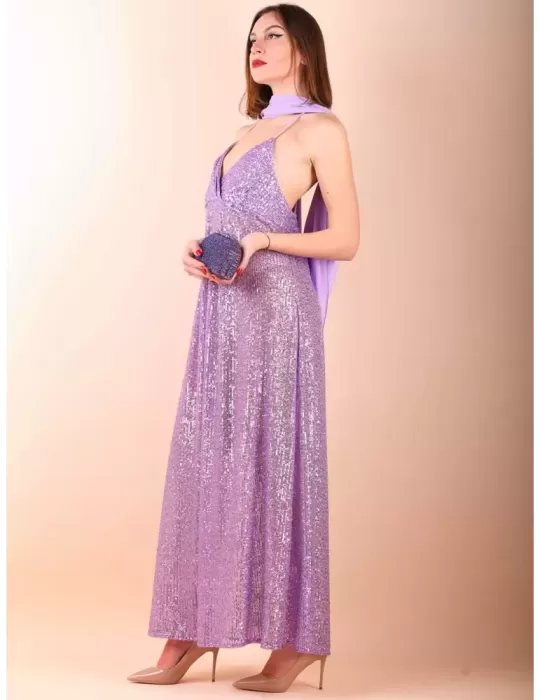 Maesta Milano | Abito lungo scollato in paillettes lilla fino alla 50