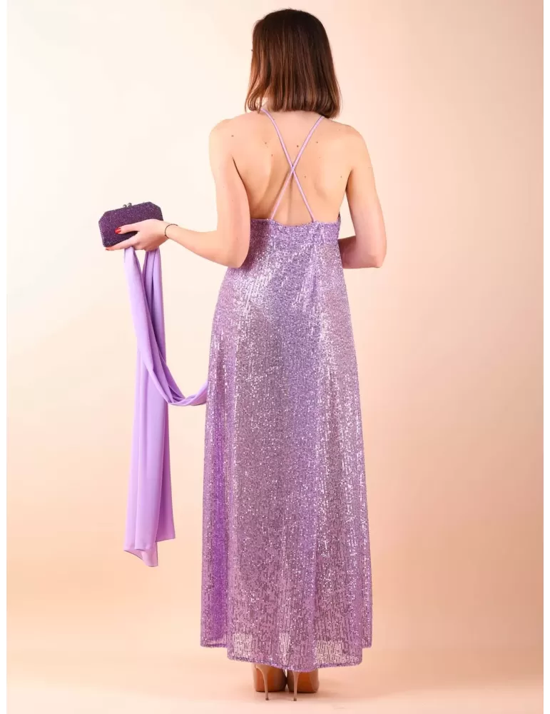 Maesta Milano pull-on low neck long lilac sequin dress