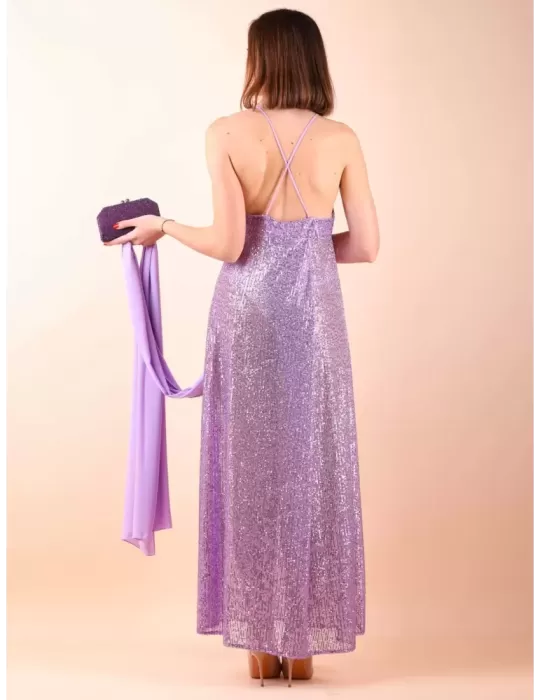 Maesta Milano | Abito lungo scollato in paillettes lilla fino alla 50