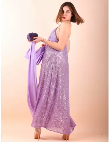 Maesta Milano | Abito lungo scollato in paillettes lilla fino alla 50 2