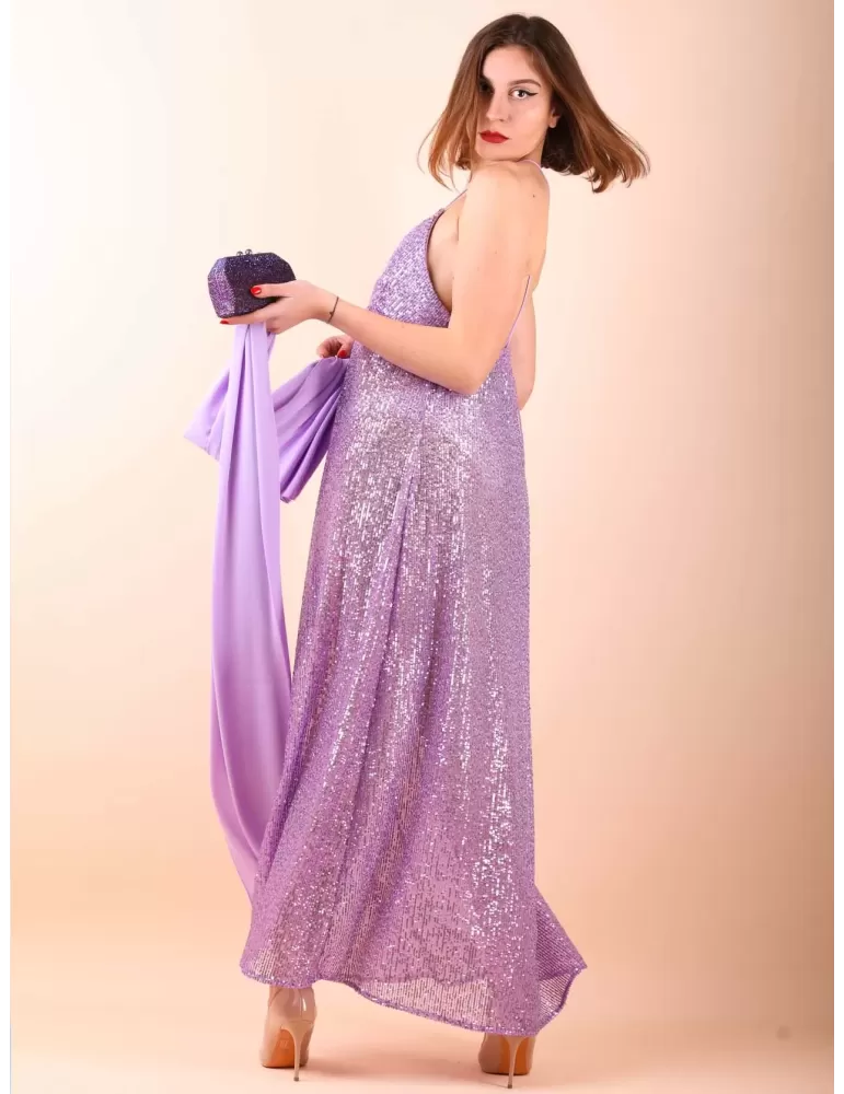 Maesta Milano pull-on low neck long lilac sequin dress