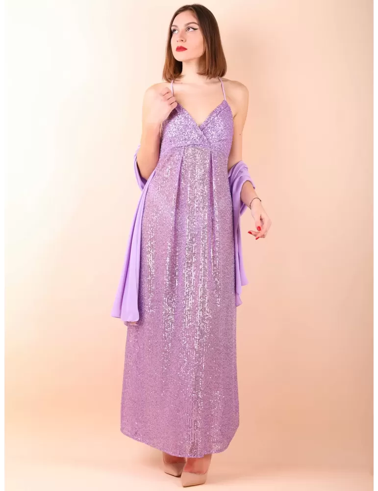 Maesta Milano pull-on low neck long lilac sequin dress