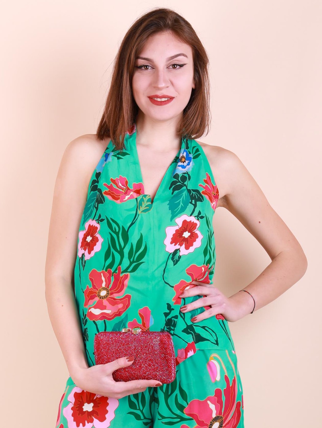 Floral green and red silk...