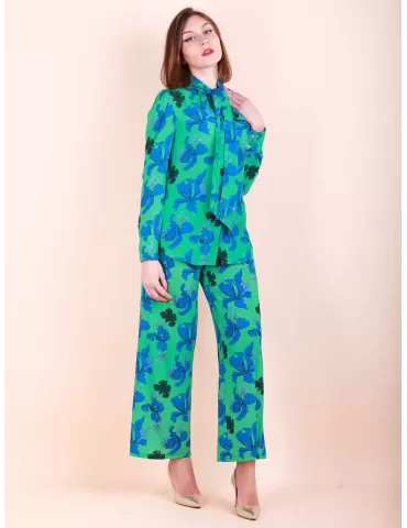 Blue and green flowers silk shirt with ribbon by Maesta Milano 2