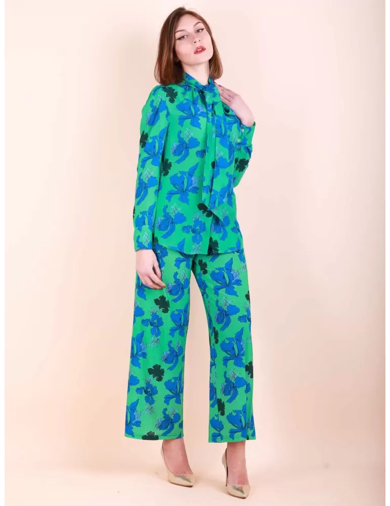 Maesta Milano | Blue and green flowers silk shirt with ribbon scarf