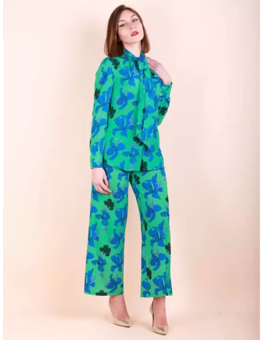 Maesta Milano | Blue and green flowers silk shirt with ribbon scarf