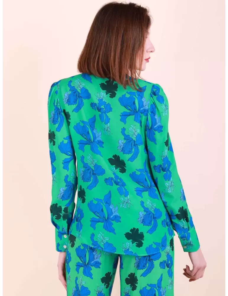 Maesta Milano | Camicia chiffon con fiocco fiori verde e azzurro