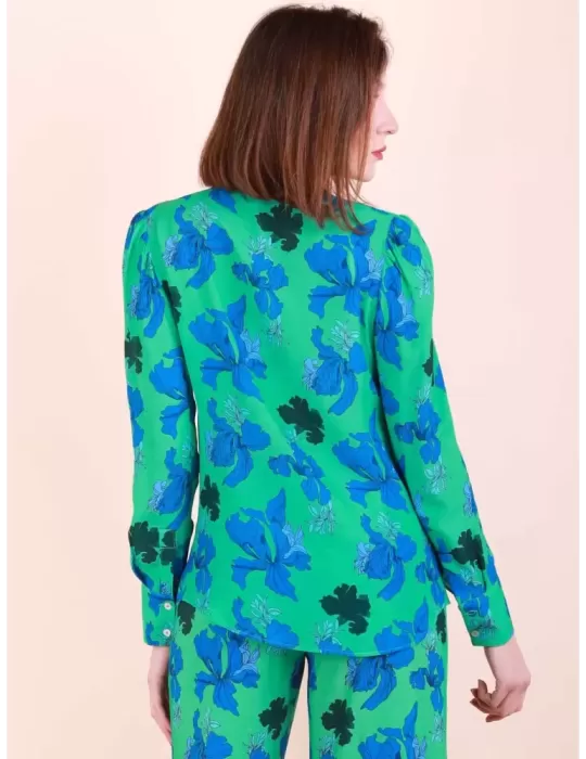 Maesta Milano | Blue and green flowers silk shirt with ribbon scarf
