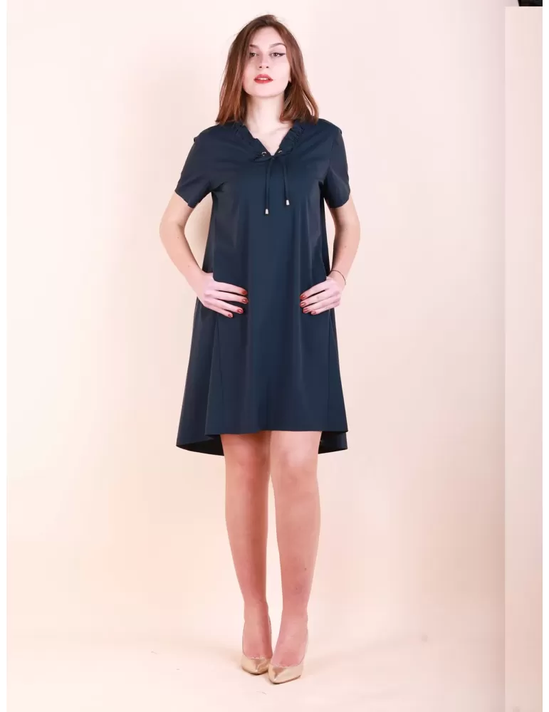 Plain blue A-shaped cotton dress V ruffled neck Plain blue A-shaped cotton dress V ruffled neck