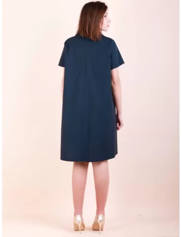 Plain blue A-shaped cotton dress V ruffled neck 2
