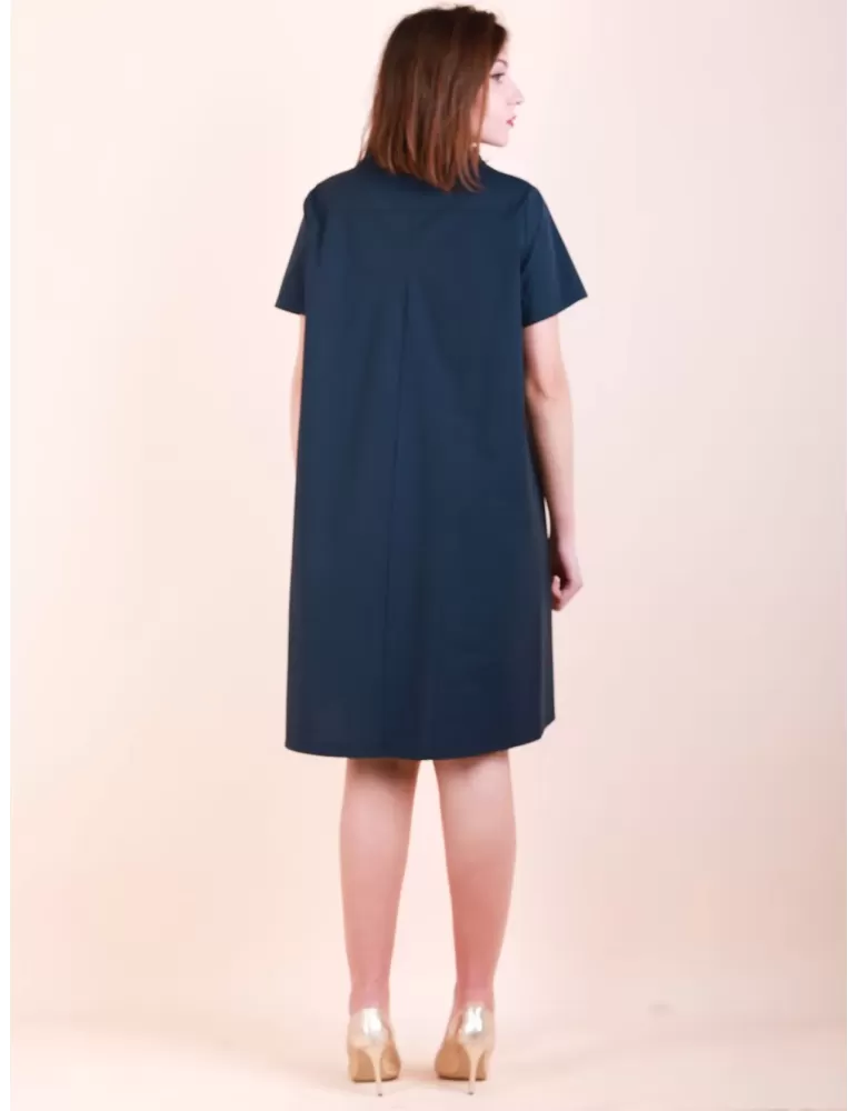 Plain blue A-shaped cotton dress V ruffled neck