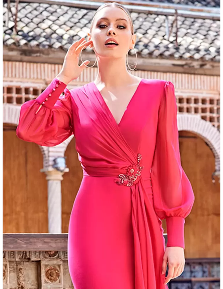 Sonia Pena 122003 Abito tubino fucsia drappeggio e ricami fino alla 56