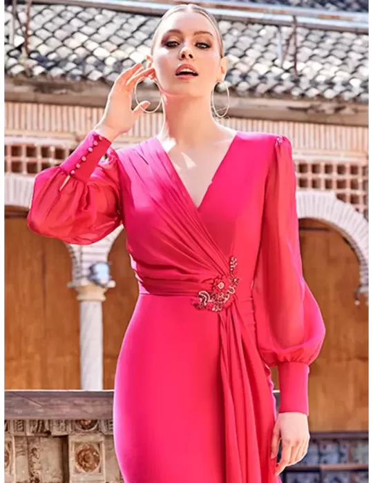 Sonia Pena 122003 Abito tubino fucsia drappeggio e ricami fino alla 56