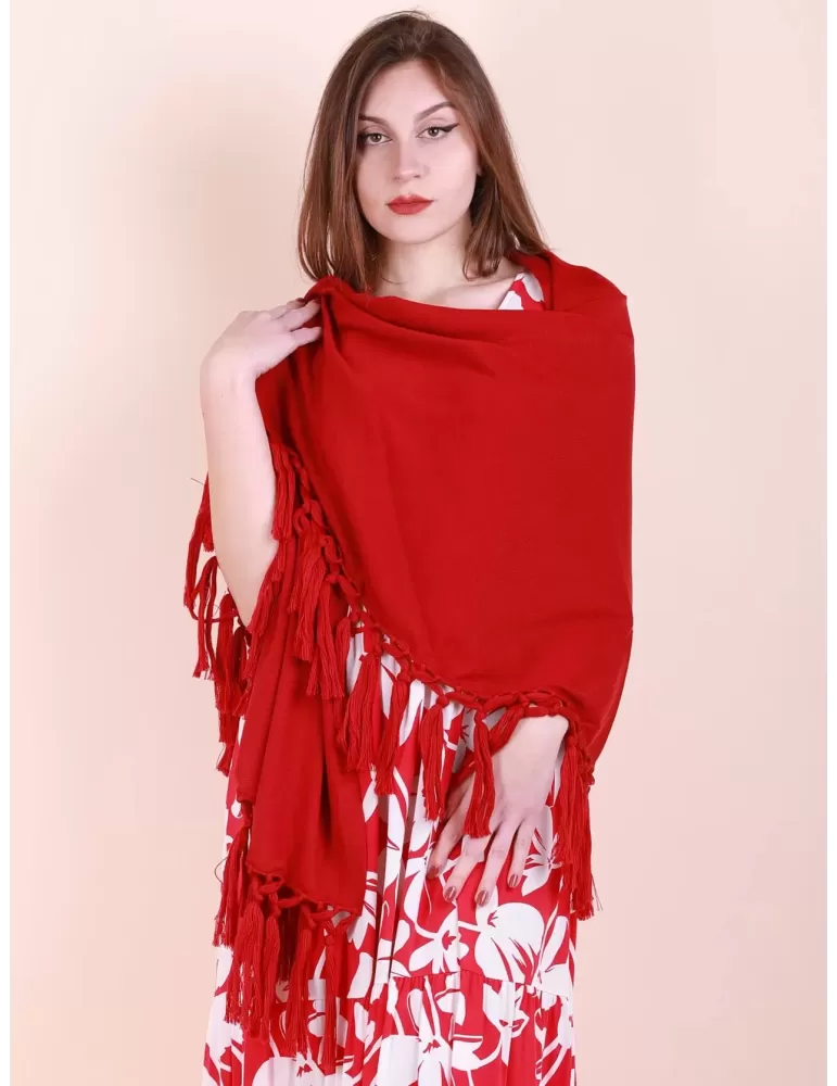 Red pure merino wool maxi stole cape scarf shawl with fringes