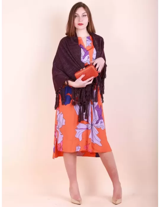 Shop online Purple lurex merino wool maxi tippet cape scarf with fringes