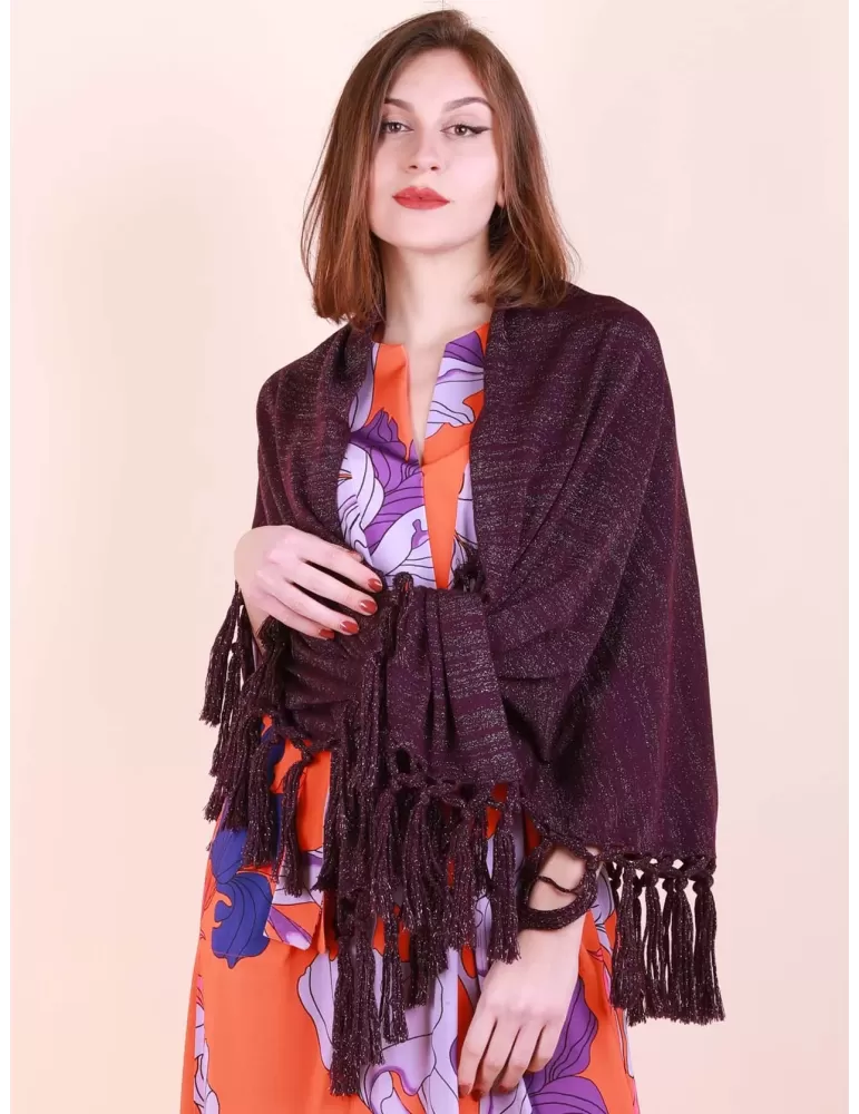 Shop online Purple lurex merino wool maxi tippet cape scarf with fringes Shop online Purple lurex merino wool maxi tippet cape scarf with fringes