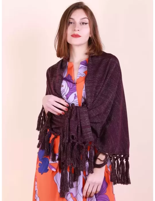Shop online Purple lurex merino wool maxi tippet cape scarf with fringes Shop online Purple lurex merino wool maxi tippet cape scarf with fringes