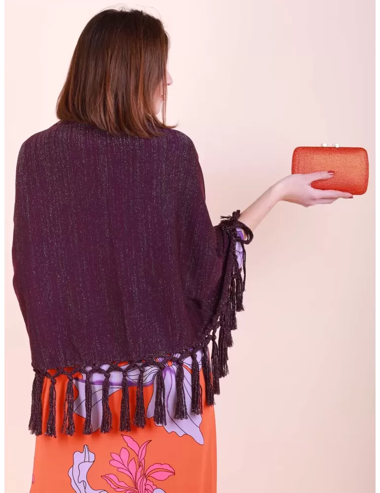 Shop online Purple lurex merino wool maxi tippet cape scarf with fringes