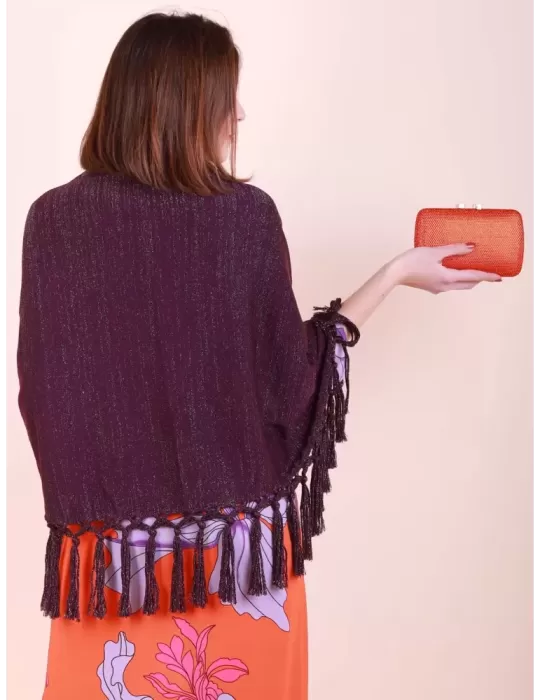 Shop online Purple lurex merino wool maxi tippet cape scarf with fringes