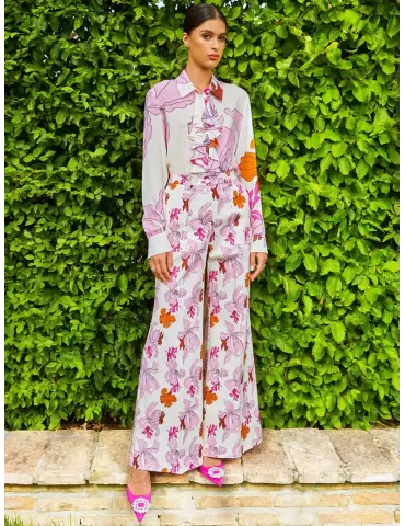 Maesta Milano | Camicia bianca con rouches fantasia lilla e arancio 2