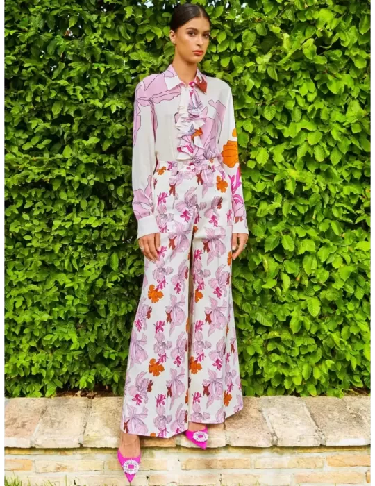 Maesta Milano | White orange lilac flowers silk ruffle shirt