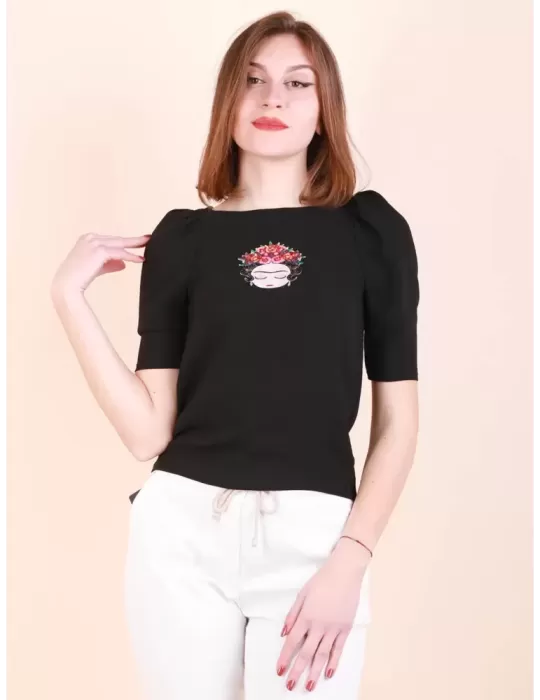 Casting black t-shirt with shiny matrioska embroidery Casting black t-shirt with shiny matrioska embroidery