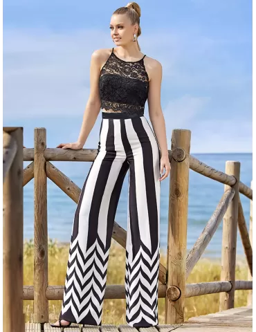 Sonia Pena black and white silk lace palazzo trousers suit