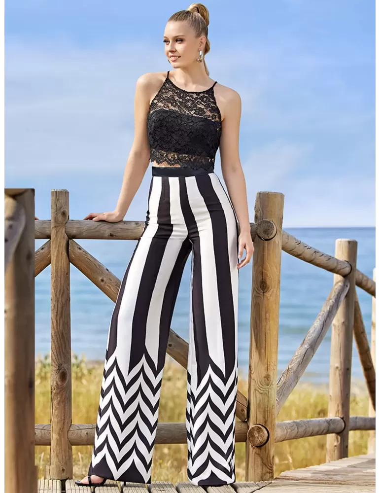 Sonia Pena black and white silk lace palazzo trousers suit Sonia Pena black and white silk lace palazzo trousers suit