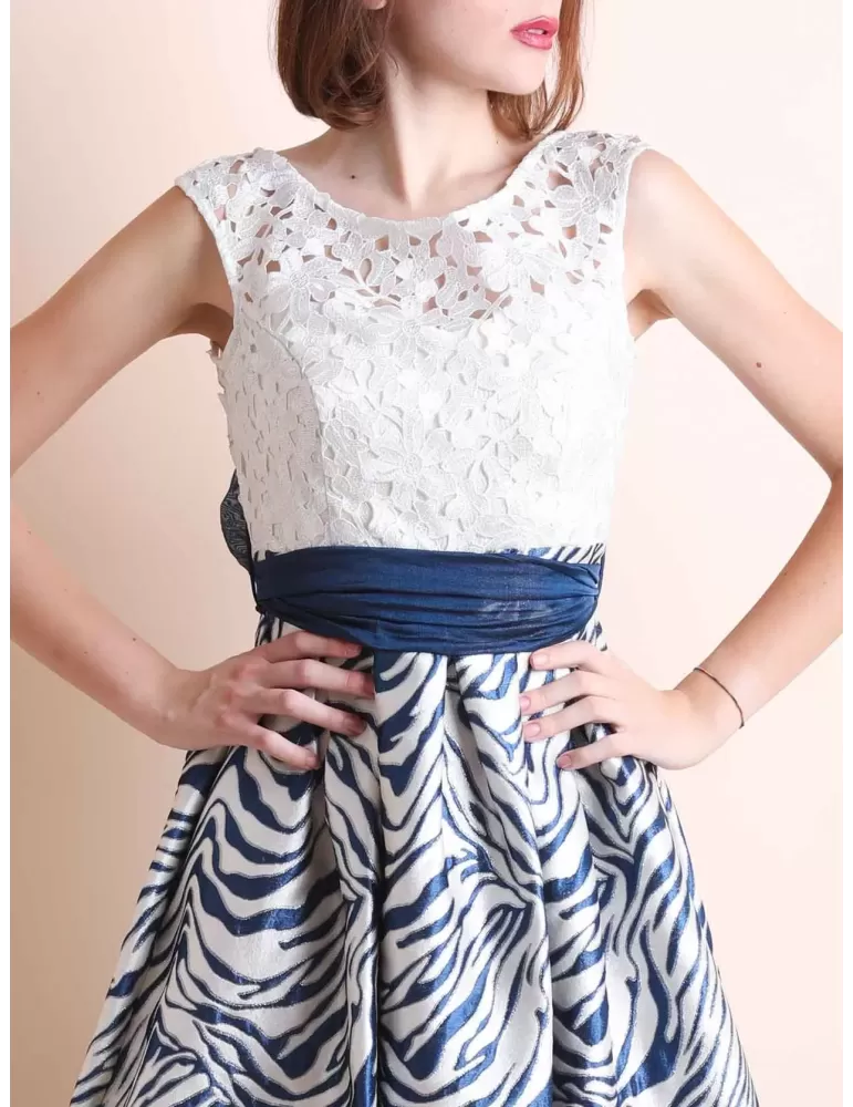 Sonia Pena white and blue lace and brocade prom dress