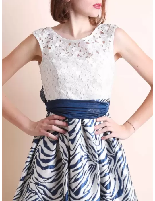 Sonia Pena 1190215 Blue lace long organza sand gold lurex dress