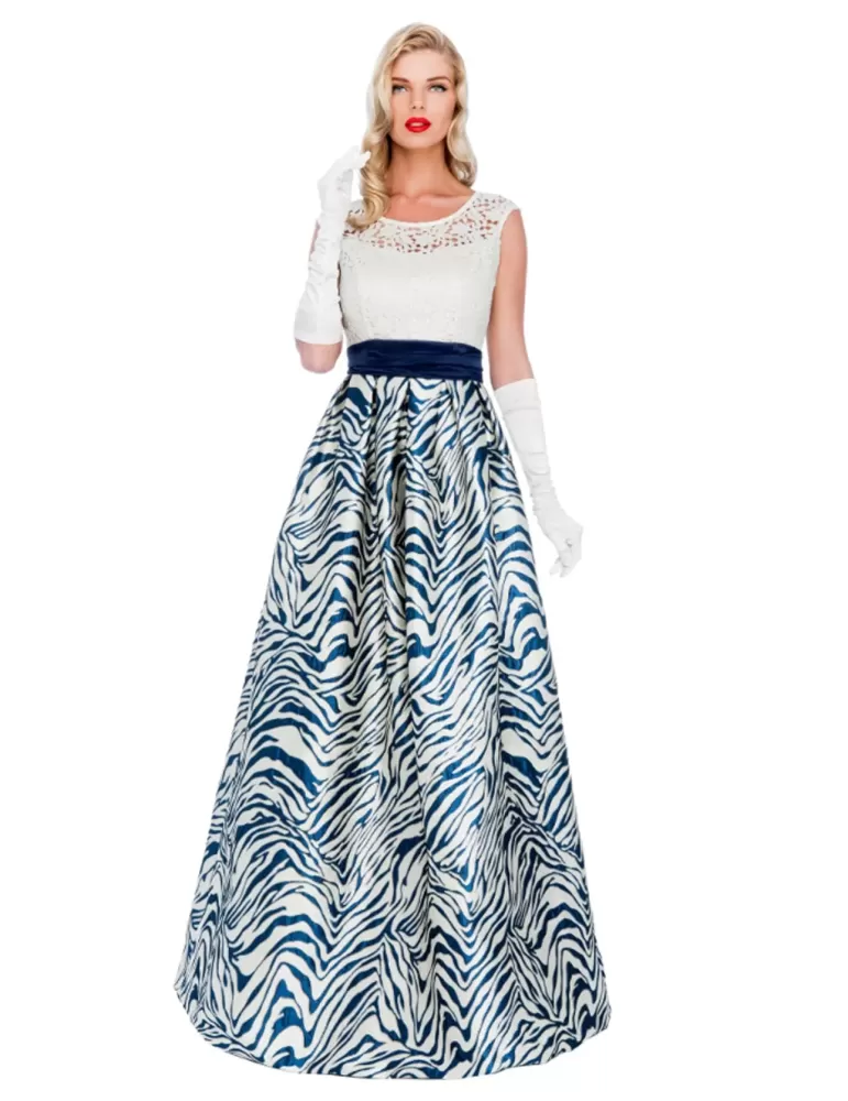 Sonia Pena white and blue lace and brocade prom dress