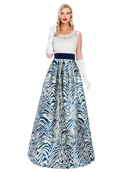 Sonia Pena 1190215 Blue lace long organza sand gold lurex dress