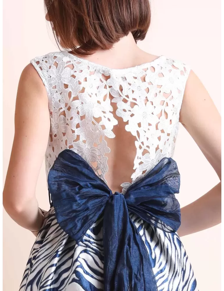 Sonia Pena white and blue lace and brocade prom dress